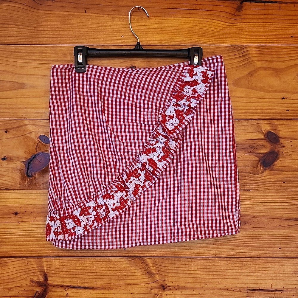 J. Marie Red Retro Gingham Skirt  Embroidered Floral Trim L